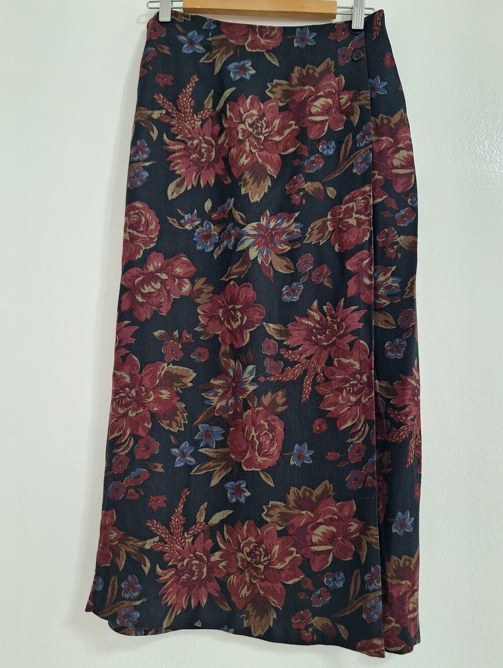 90s Vintage Requirements Navy Maxi Wrap Skirt with Burgundy Floral